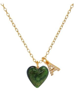 VALERIE CHIC Initial Letter Emerald Sparkle Heart Necklace - Metallic