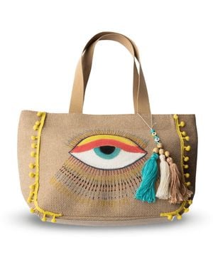 Casa Duniya Neutrals Antalya Hand-Painted Evil Eye Beach Bag – Pom Pom Edition - Yellow