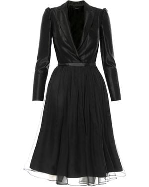 AVENUE No.29 Silk V Neck Lapel Dress With Gathered Midi Skirt – - Black