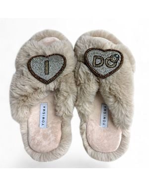 Yomisma Neutrals Eco Faux Fur Slippers – Recycled Faux Fur + I Do Wedding Removable Hand Beaded Brooches - Gray