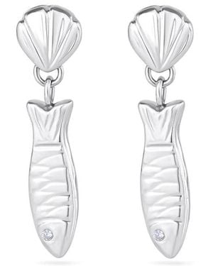 Arianne Delaney Shell & Anchovy Fish Pendant Drop Earrings Sterling - White