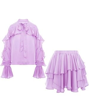 BLUZAT Set With V Neck Shirt & Ruffle Skirt - Purple