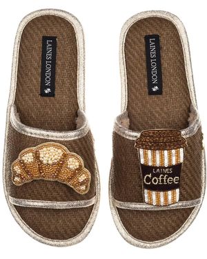 Laines London Straw Braided Sandals With Coffee & Croissant Brooches - Brown