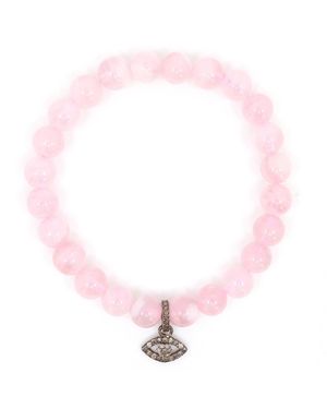 Shar Oke Diamond Evil Eye Charm & Rose Quartz Beaded Bracelet - Pink