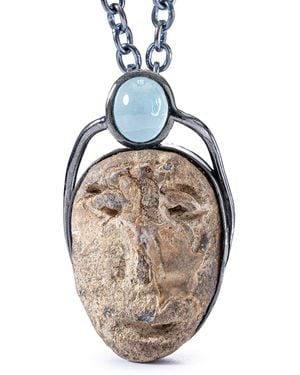 German Kabirski Strix Pendant With Ancient Mediterranean Limestone Maskette And Oval Aquamarine - Natural