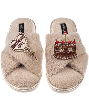 Laines London Neutrals Neutral Boucle Slippers With Birthday Girl Balloon & Chocolate Cake Brooches - Brown
