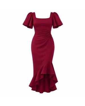 Girl In Mind Leona Square Neck Frill Midi Dress Wine - Red