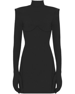 Monosuit Long Sleeve Turtleneck Bodycon Shoulder Pad Party Futuristic Mini Dress Gloves - Black