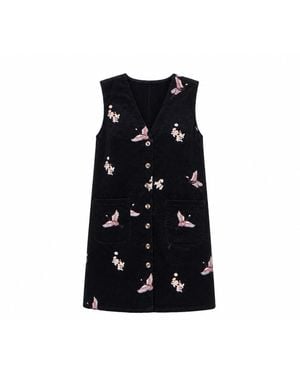 Yumi' Crane Embroidery Button Up Pinafore Dress - Black