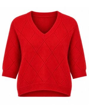 Luella Fashion Montrose Short Sleeve V-Neck Diamond Pattern Alpaca Knit Jumper - Red