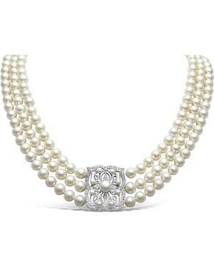 Pearls of the Orient Online Stella Triple Strand Almost Round Cultured Freshwater Pearl Necklace With Vintage Style Pave Feature With Pearls - Black