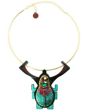 Gissa Bicalho Handmade Acrylic Necklace Scarab Embroidered - Green