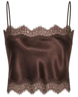 Lily Rou Chocolate Lace Trim Cropped Silk Top - Brown