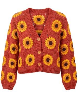 Ana Chic Rust Sunflower Granny Square Handmade Crochet Cropped Cardigan - Orange