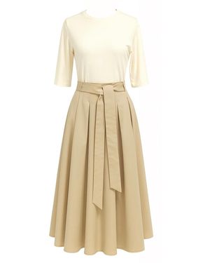 Exquise Neutrals Desaree Short Sleeve Belted Pleated Midi Dress -Ecru - Natural