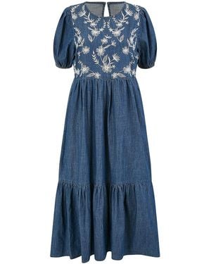 Yumi' Chambray Denim Midi Dress With Embroidery And Puff Sleeves - Blue