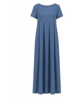Nikka Place Maxi Linen Maternity Dress With Short Sleeves And Empire Waist - Blue