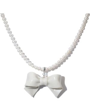 H2 Studio Bowtie Maniac Large Ceramic Bowtie Round Freshwater Pearl Necklace - Metallic