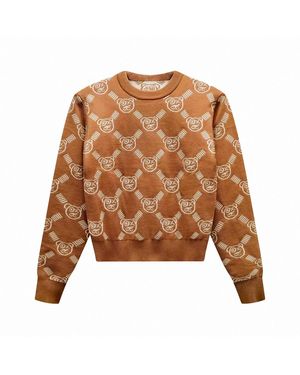 X Ilona Blue Neutrals Graffiti Teddy Bear Cafe Cream Reversible Jacquard Knit Sweater - Brown