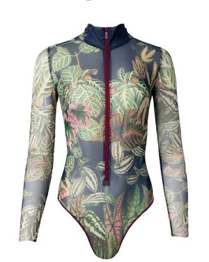 Rodasoleil Smart Swimwear Tan-Through Mesh One-Piece Zipper Swimsuit With Sleeves Botanicum - Blue