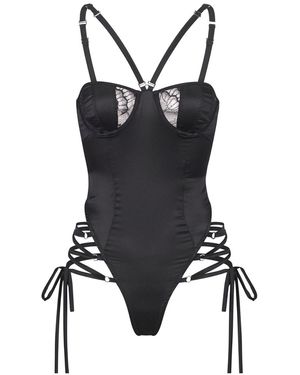 Lunatic Femme Champagne Room Lace-Up Silk Bodysuit - Black