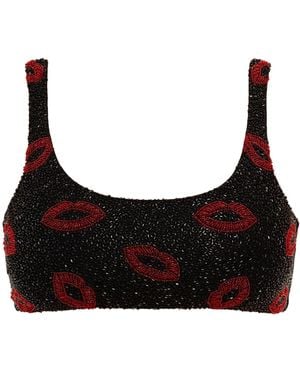 Self-Adore Kiss Hand-Beaded Embellished Bikini Top - Black