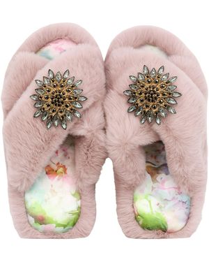 Yomisma Eco Faux Fur Slippers – Recycled Faux Fur + Tourmaline Removable Brooch Embellishment + Custom Silk Insole - Pink