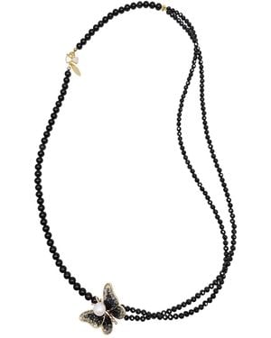 Farra Versatile Obsidian Necklace With Removable Butterfly Pearl Brooch - Black