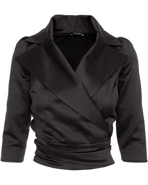 AVENUE No.29 Satin Lapel Wrap Blouse With Bow - Black