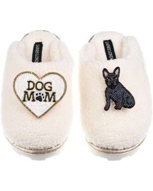 Laines London Neutrals Teddy Closed Toe Slippers With Dog Mum/Mom & Sitting French Bulldog Brooch - White