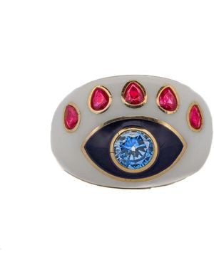 Ebru Jewelry Guardian Topaz & Ruby Evil Eye Enamel Adjustable Ring - Red