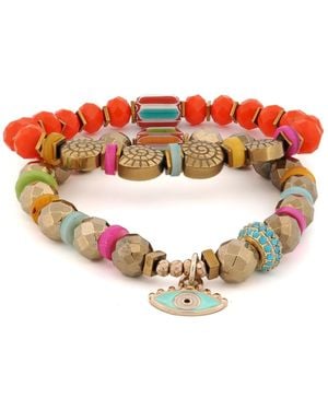 Ebru Jewelry Sunset Breeze Evil Eye Beaded Bracelet Set - Red
