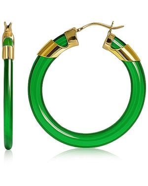 Gold & Honey Emerald Classic Flat Lucite Birthstone Hoop Earrings - Green