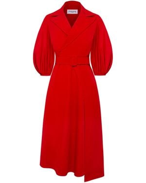 Femponiq Wide Lapel Asymmetric Belted Midi Cotton Dress - Red