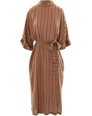 concept A trois Midi Camel Dress With Striped, Collar, Cuffs And Cord - Brown