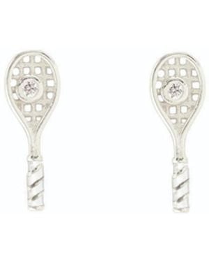 Kris Nations Tennis Racket Crystal & Enamel Stud Earrings Sterling - White