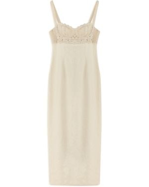 Nocturne Neutrals Ecru Linen Brode Detailed Sweetheart Maxi Dress - White