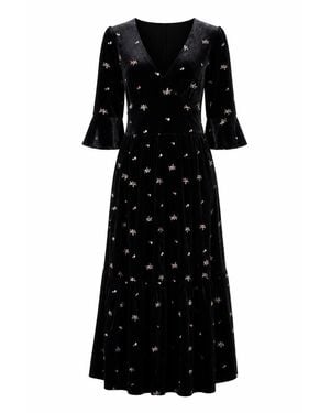 Yumi' Velvet Embroidered Midi Dress - Black