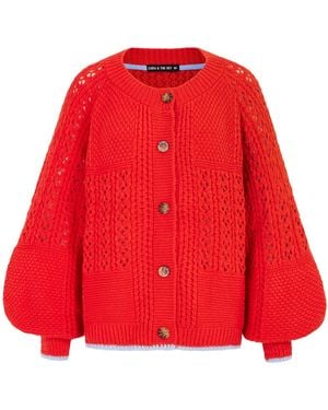 Cara & The Sky Brigit Pointelle Stitch Balloon Sleeve Cardigan - Red