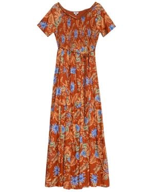 Niza Long Printed Dress With A Gathered Bodice - Orange