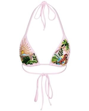 Oceanus Charli Embellished Premium Tropical Bikini Top - White