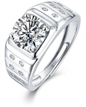 Genevive Jewelry Stella Sterling Plated With Lab Created Moissanite Solitaire & Bezel Sides Engagement Anniversary Adjustable Ring - Metallic