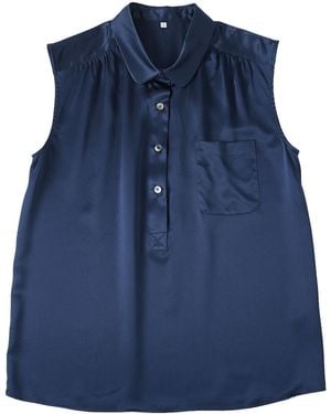 Soft Strokes Silk Pure Silk Pointed Peter Pan Collar Sleeveless Blouse - Blue