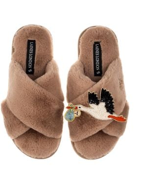 Laines London Neutrals Toffee Classic Laines Slippers With Baby Boy Stork Brooch - Brown