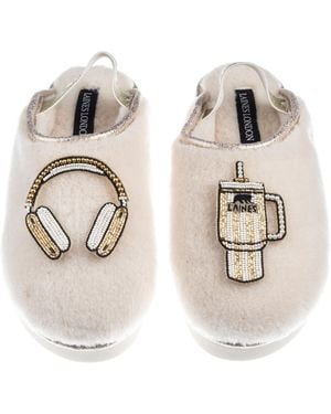 Laines London Neutrals Flatform Cloud Closed Toe Slippers With Headphones & Quencher Brooches - Metallic