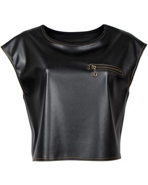 Lalipop Design Sleeveless Blouse With Vegan Leather Finish & Zipper Detail - Black
