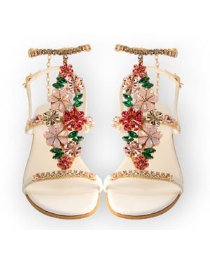 DAMAPREZIOSA Daisy Bouquet, Jewel Sandal With Crystal Flowers And Block Heel - Metallic