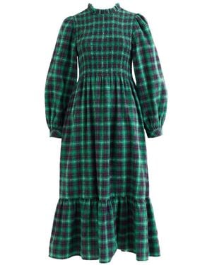 Louche Peppi Winter Check Smocked Bodice Midi Dress - Green