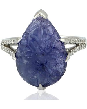 Artisan 18K Carved Tanzanite & Diamond Flower Ring - Blue
