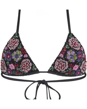 Self-Adore Fleur 3D Hand-Beaded Embellished Bikini Top - Black